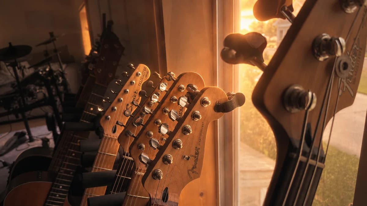 Ether guitar rack in evening light