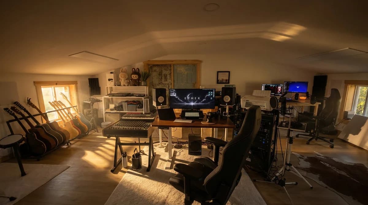 Ether studio room, guitars and control desk